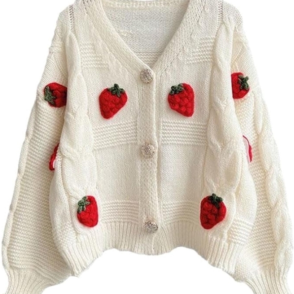 Cozy Cream Cardigan with Red Strawberry Accents - Picture 1 of 3